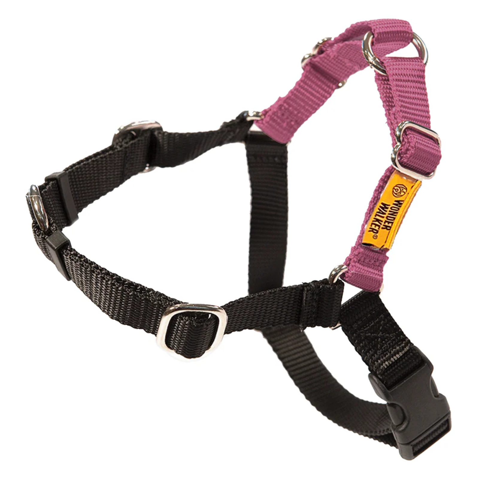 Black dog harness with pink handle on a white background