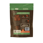 A stand-up pouch of Chops Cuts Freshly Farmhouse Air Dried Beef dog treats, showing the back of the packaging with product details, ingredients, and a barcode on a light gray background.