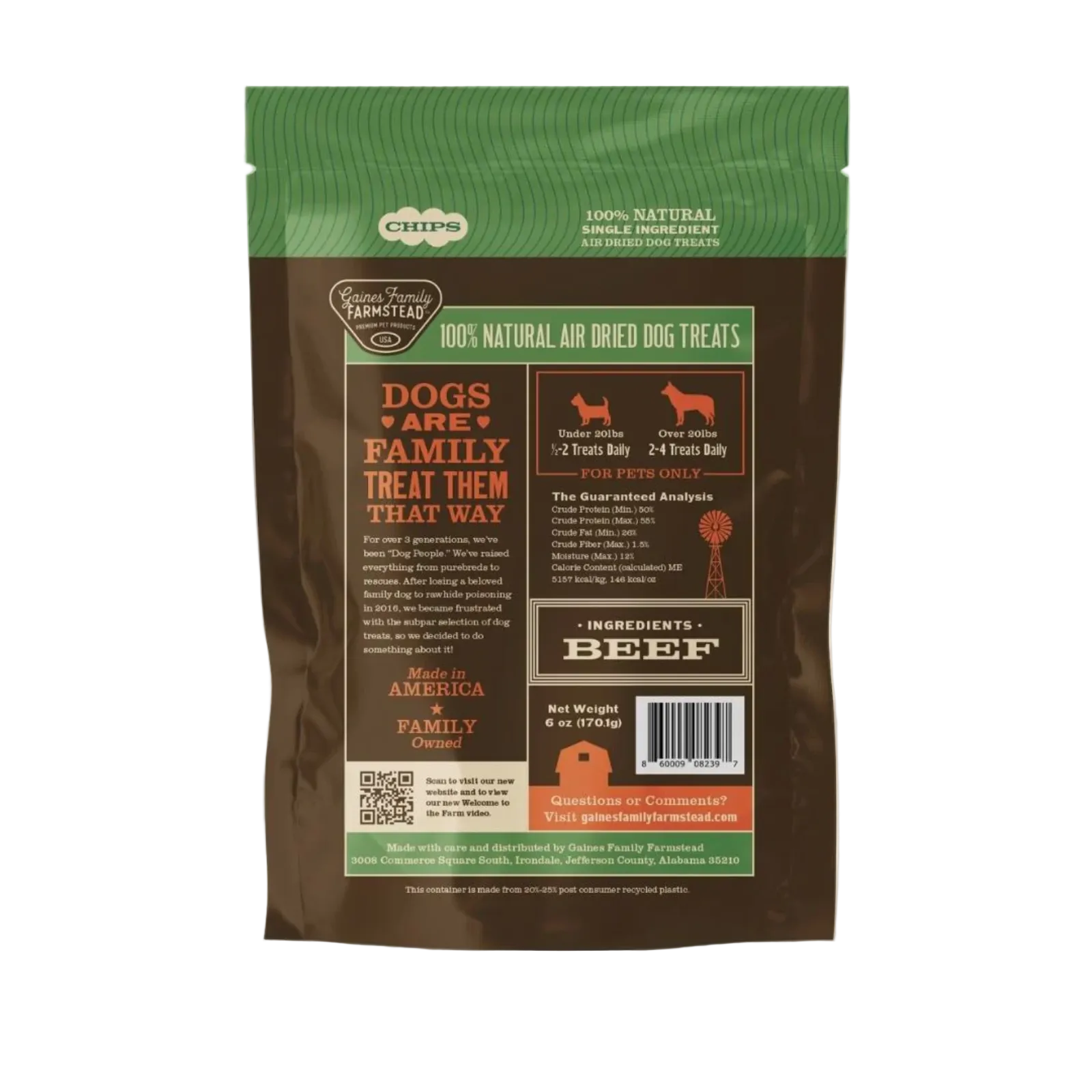 A stand-up pouch of Chops Cuts Freshly Farmhouse Air Dried Beef dog treats, showing the back of the packaging with product details, ingredients, and a barcode on a light gray background.