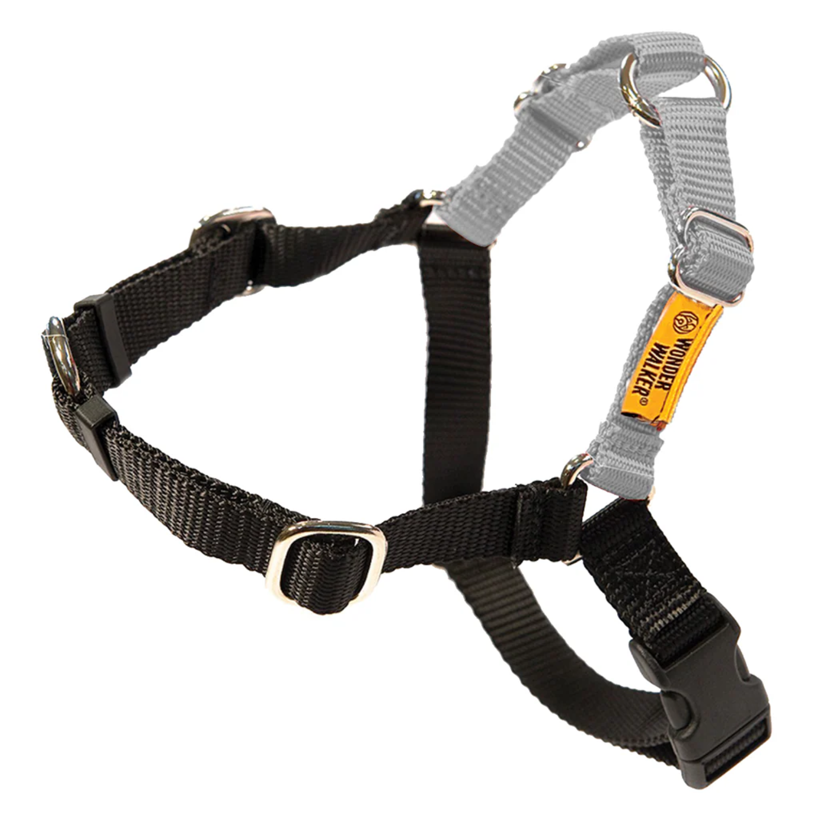 Black and gray dog harness with a visible brand label on a white background