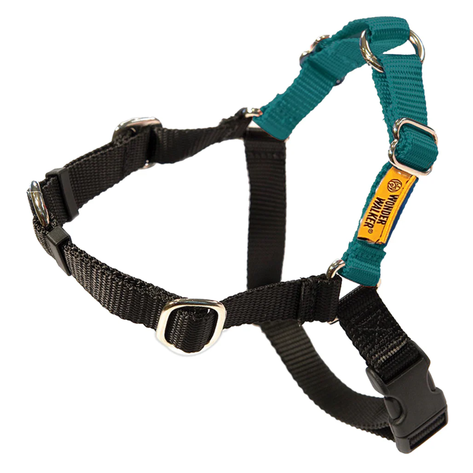 Black and teal dog harness with a visible brand label on a white background