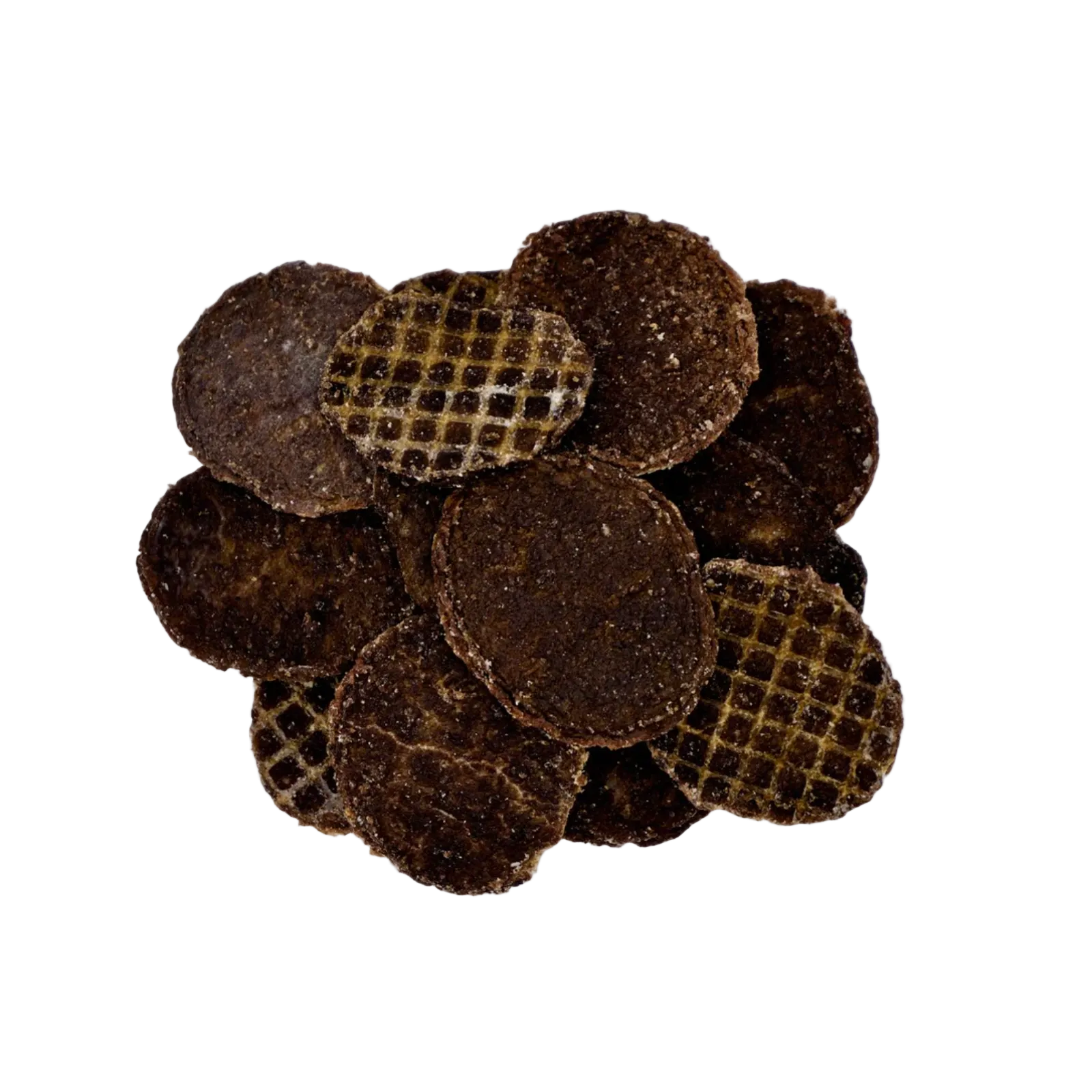 A pile of dark brown circular dog treats, some with a textured surface and others showing a grid pattern, photographed on a white background.