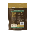 Back view of a bag of Elk Pet Products air-dried dog treats, featuring brown and gold packaging with text detailing ingredients, weight, and handling instructions for dogs.