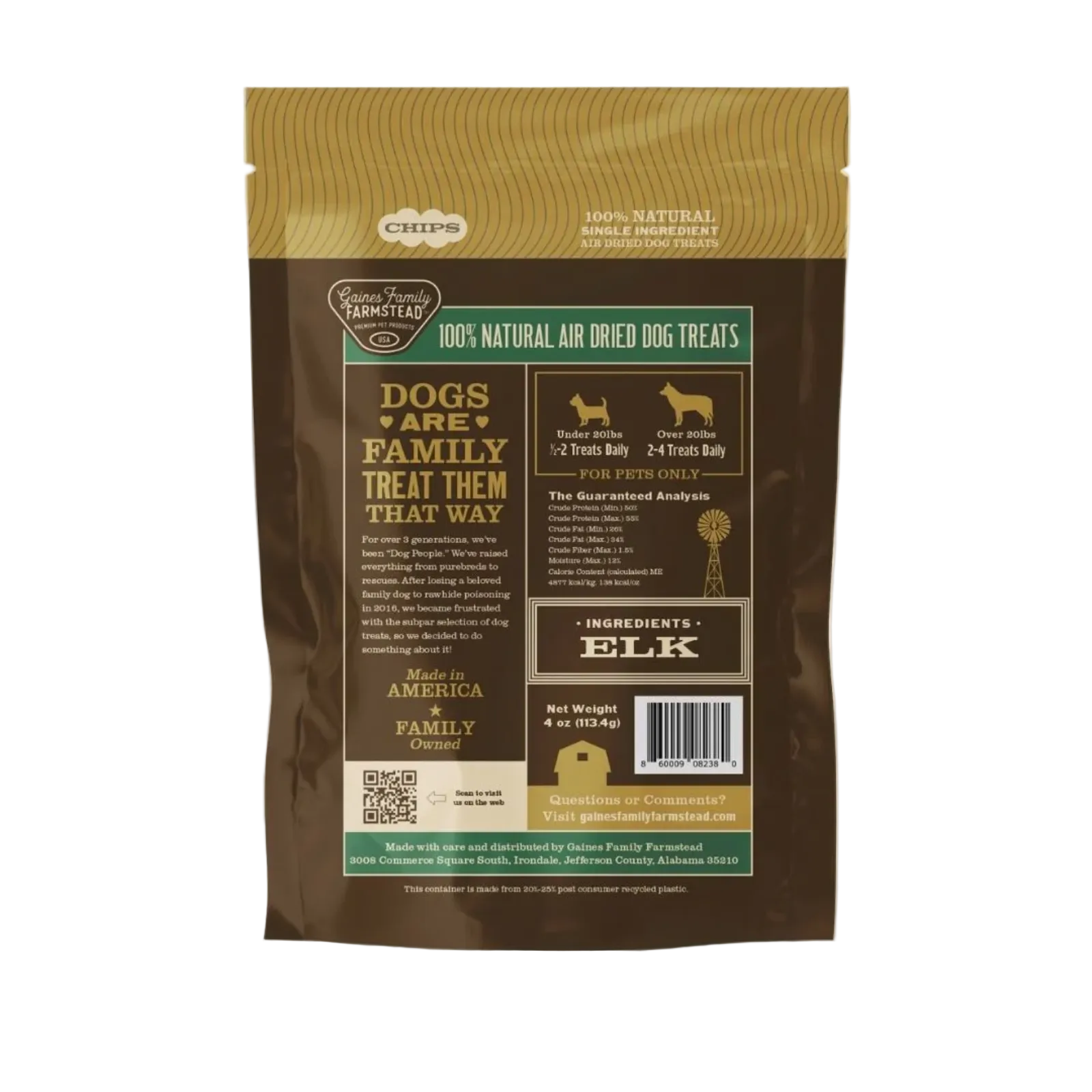 Back view of a bag of Elk Pet Products air-dried dog treats, featuring brown and gold packaging with text detailing ingredients, weight, and handling instructions for dogs.