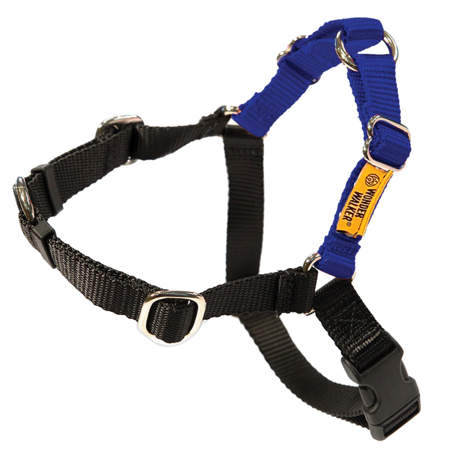 Black and blue dog harness with a visible brand label on a white background