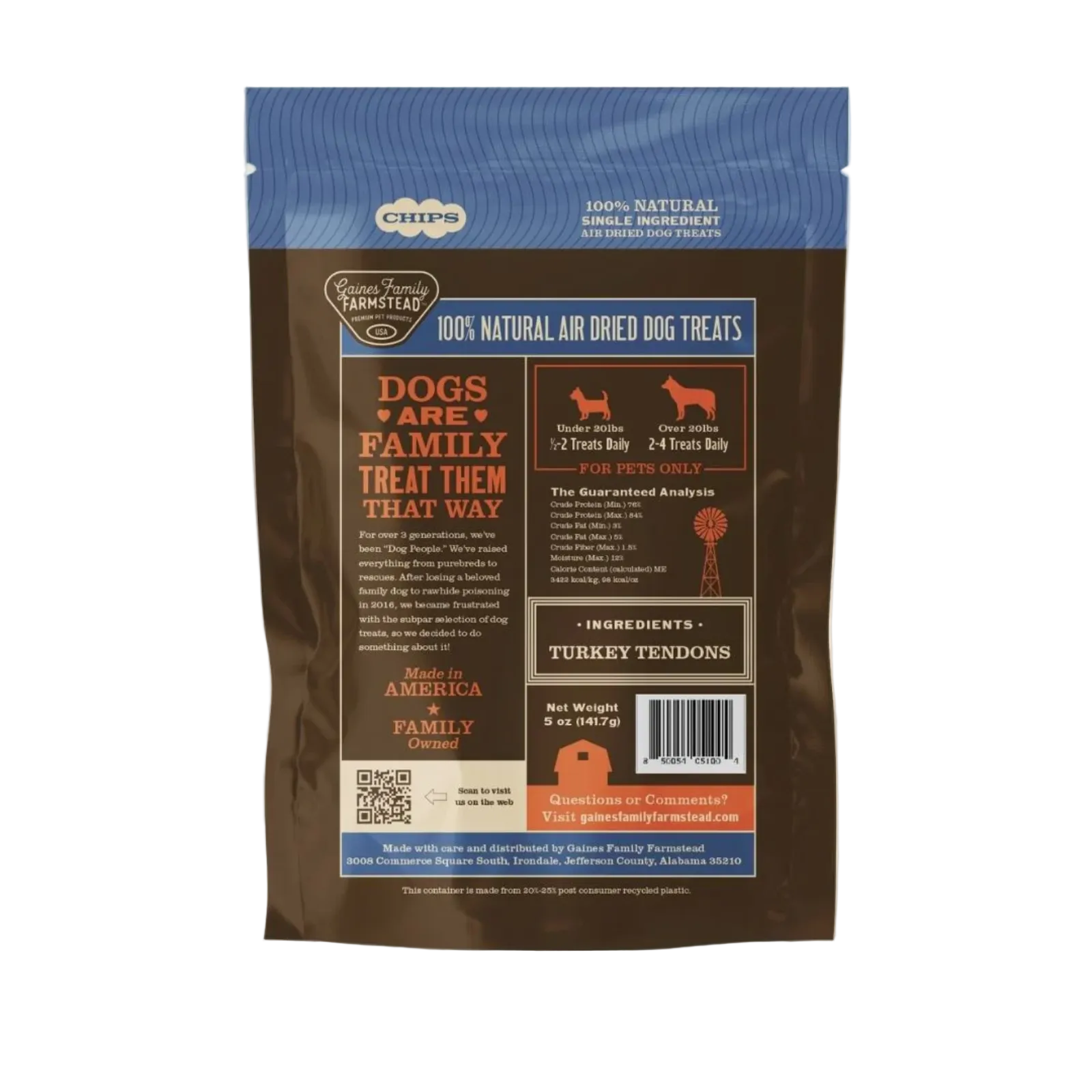 Dog treat package with visible branding and text on a light gray background
