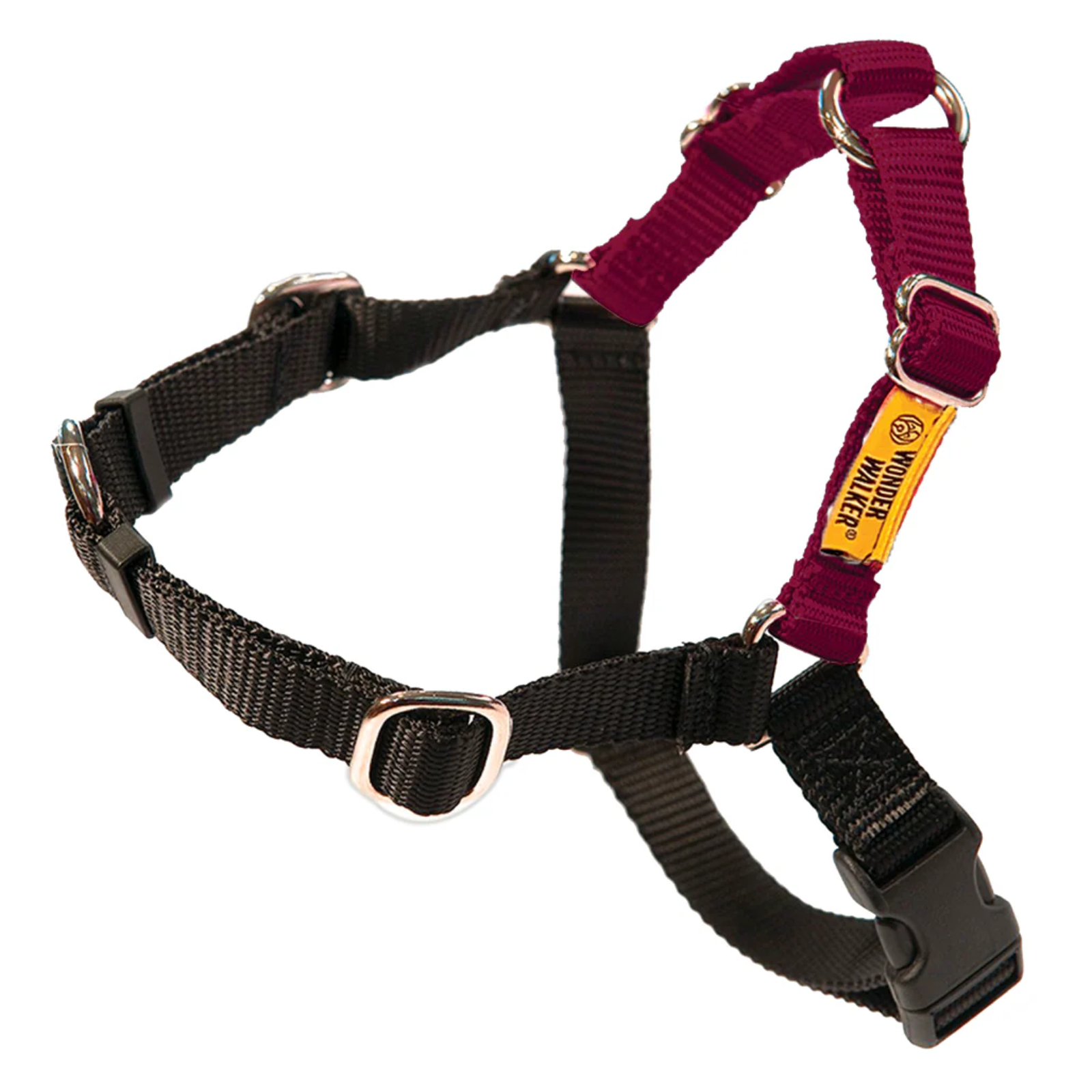 A dog harness featuring black nylon webbing and burgundy nylon straps, with silver metal hardware