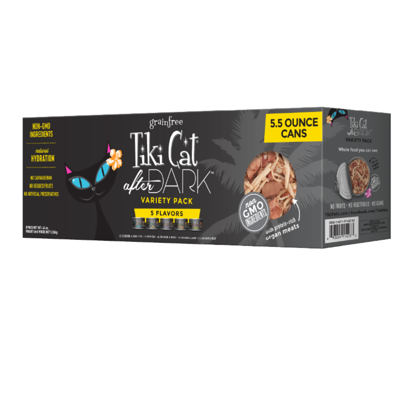 A box of Tiki Cat after DARK grain free variety pack cat food, containing 5.5 ounce cans in 5 flavors.