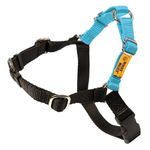 Black dog harness with a blue strap featuring a brand label on a white background