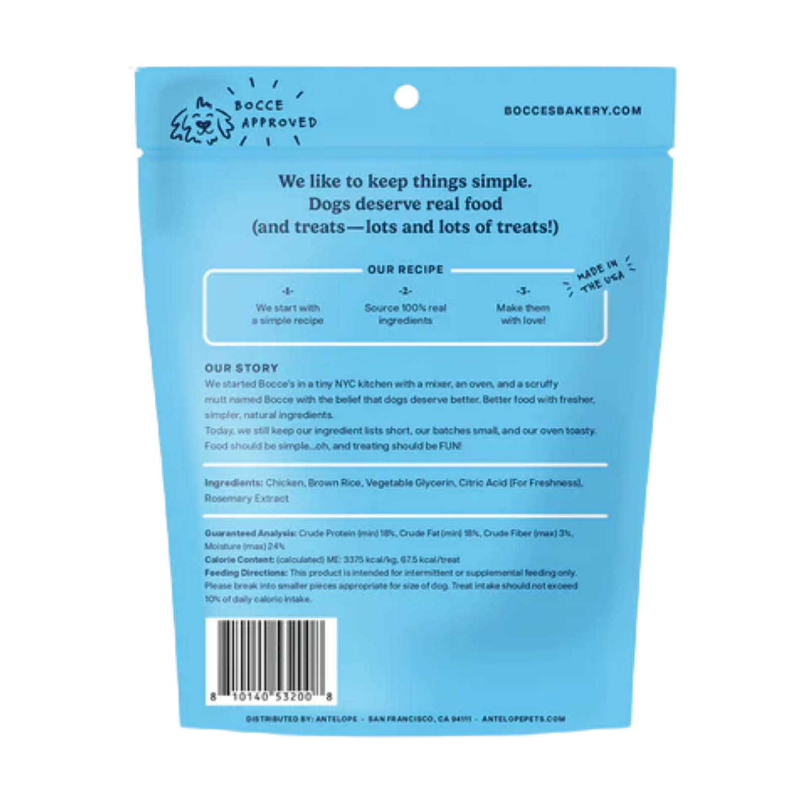 Back view of a light blue Bucci's Bakery dog treat pouch, showing product details, ingredients, and a barcode on a white background.
