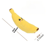 Plush banana toy with dimensions on a white background