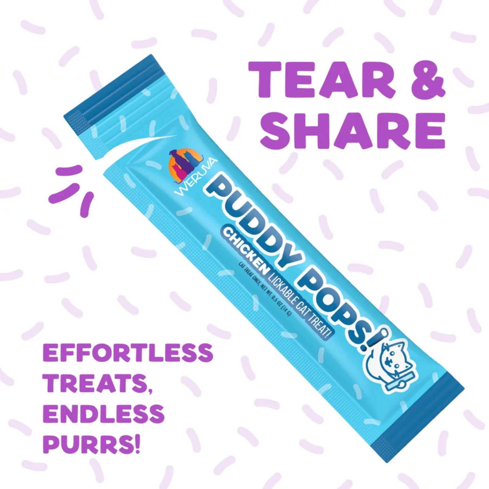 Blue package of Waggma Puddy Pops cat treat with text on a white background