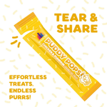 A yellow Weruva Puddy Pops chicken and pumpkin treat stick on a white background with yellow text reading 'TEAR & SHARE' and 'EFFORTLESS TREATS, ENDLESS PURS!'.