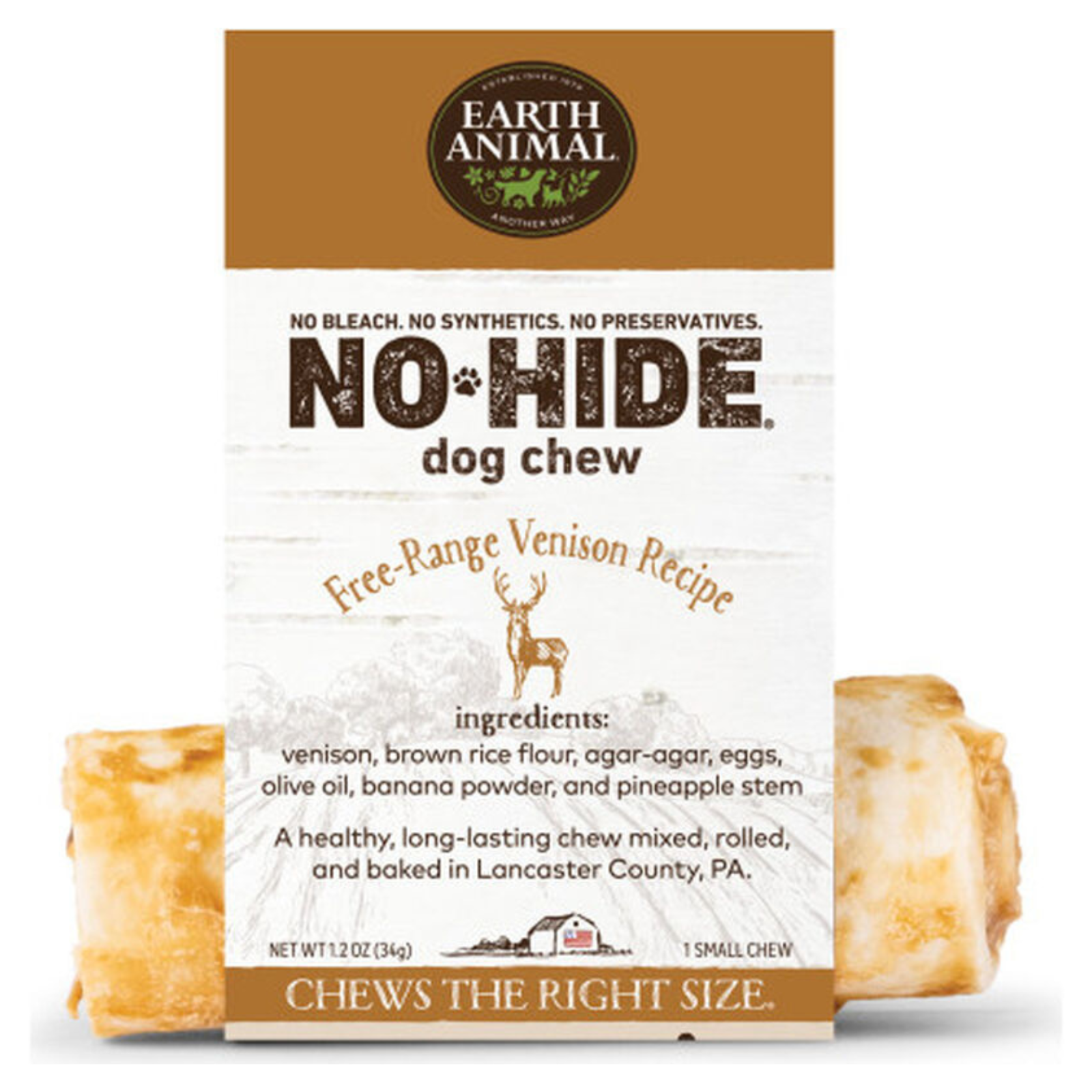 Earth Animal No Hide dog chew packaging with ingredients listed on a white background