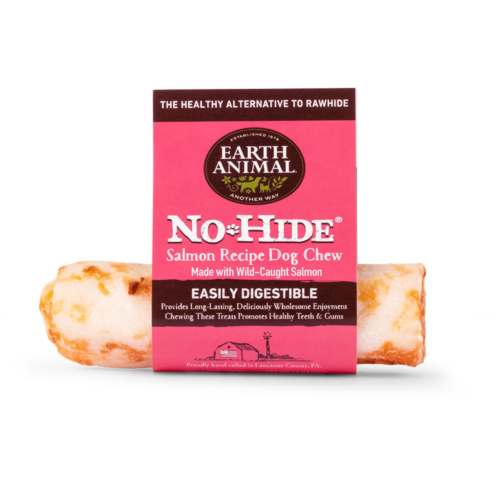Earth Animal No-Hide Salmon Recipe dog chew packaging on a white background