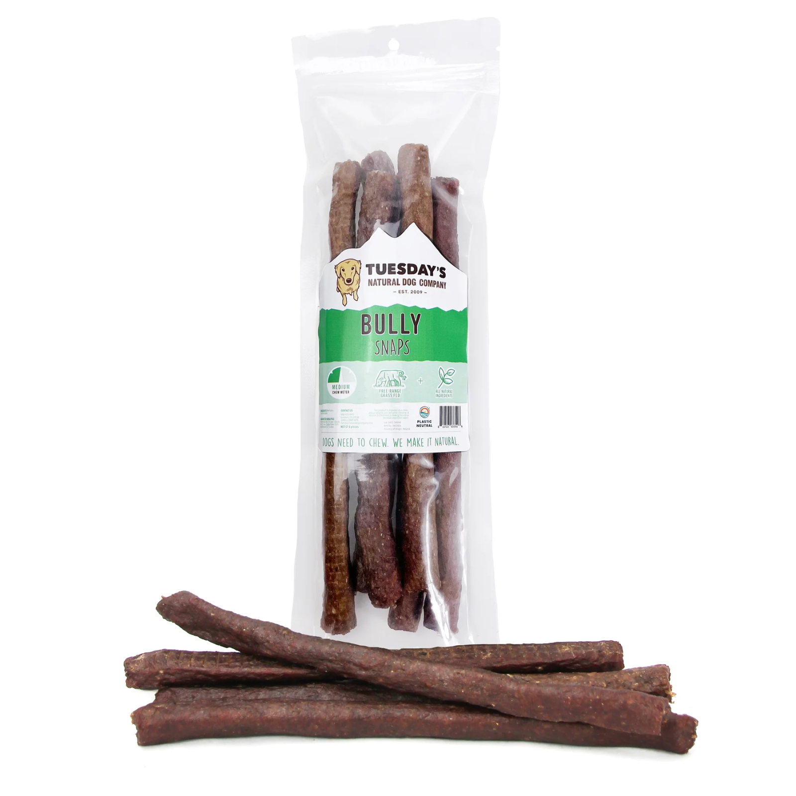 Tuesday's Natural Dog Company Bully Sticks dog treats in a clear resealable bag with several brown sticks visible, plus three loose bully sticks displayed in front on a white background.