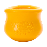 A bright yellow West Paw Design dog toy, shaped like a small pot with embossed branding and a paw print, shown on a solid white background.