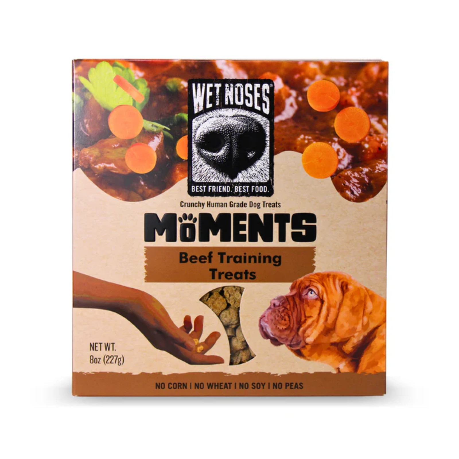 Box of Wet Noses Moments Beef Training Treats for dogs on a white background