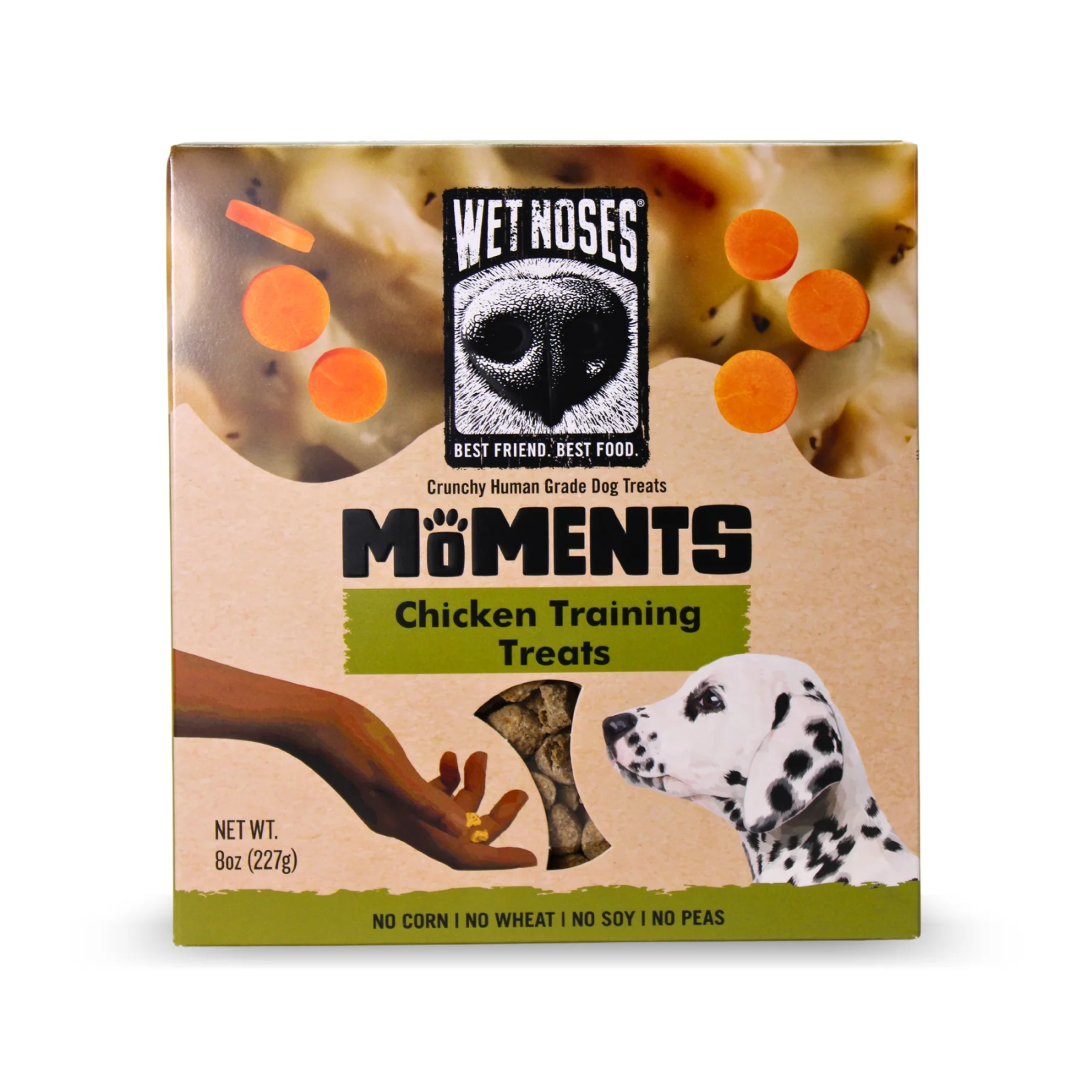 Box of Wet Noses Moments Chicken Training Treats for dogs on a white background