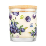Candle with blueberry design and wooden lid on a white background