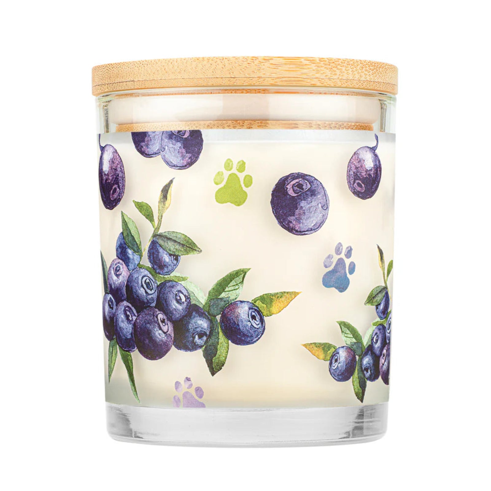 Candle with blueberry design and wooden lid on a white background