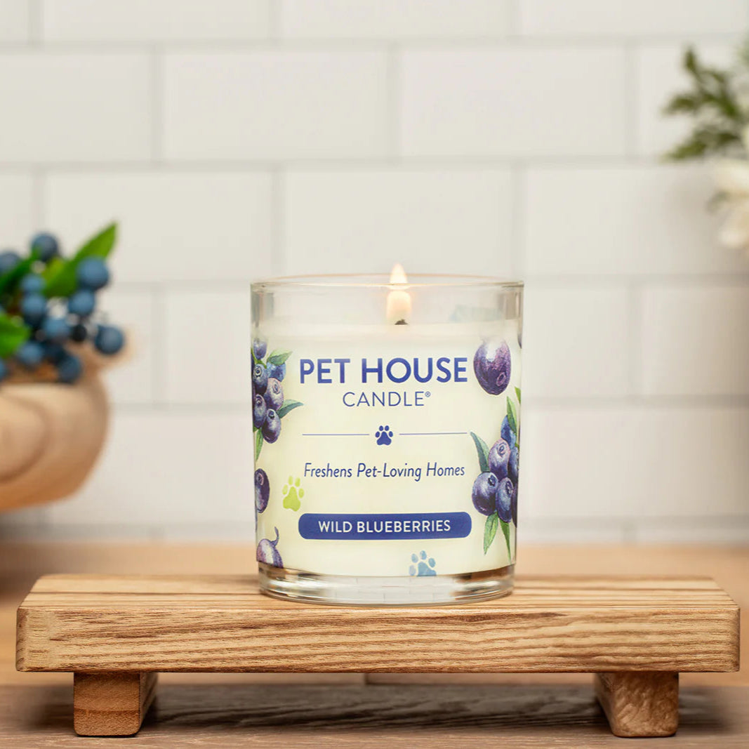 Pet House Candle labeled 'Wild Blueberries' on a wooden stand with a blurred background