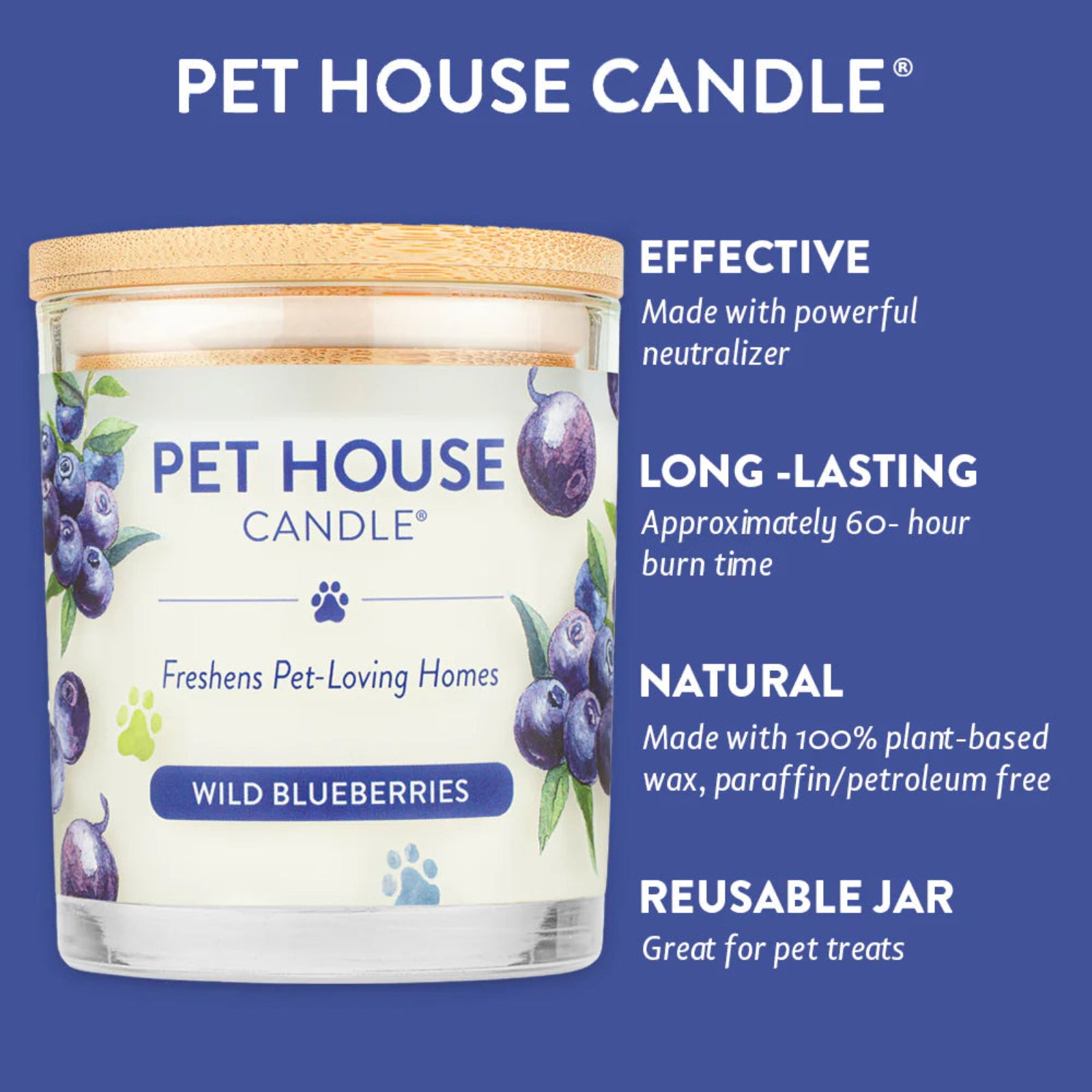 Pet House Candle with wild blueberries flavor on a blue background