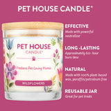 Pet House Candle with floral label on a pink background