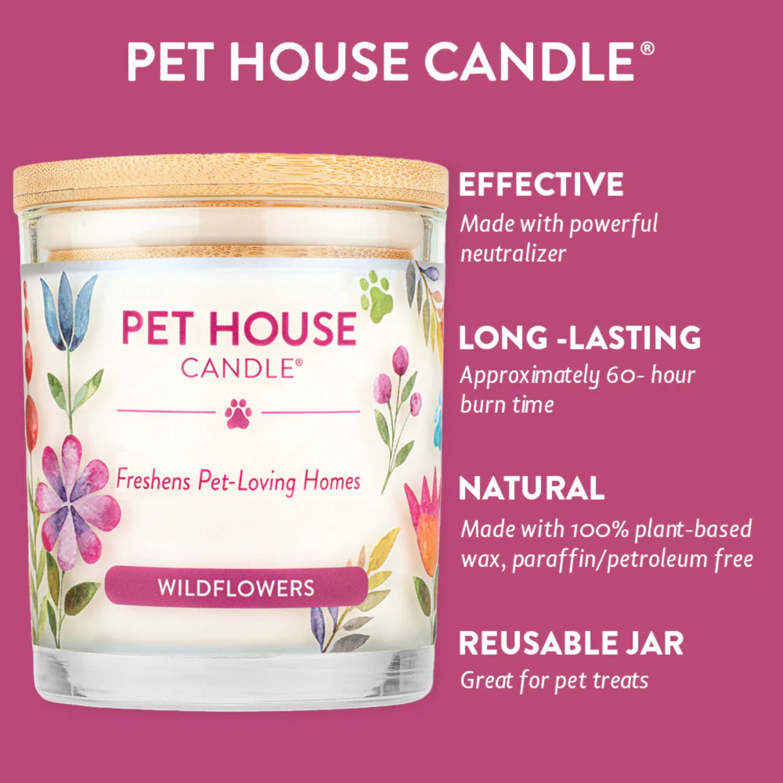 Pet House Candle with floral label on a pink background
