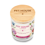 Pet House Candle with floral design and wooden lid on a white background
