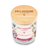 Pet House Candle with floral design and wooden lid on a white background