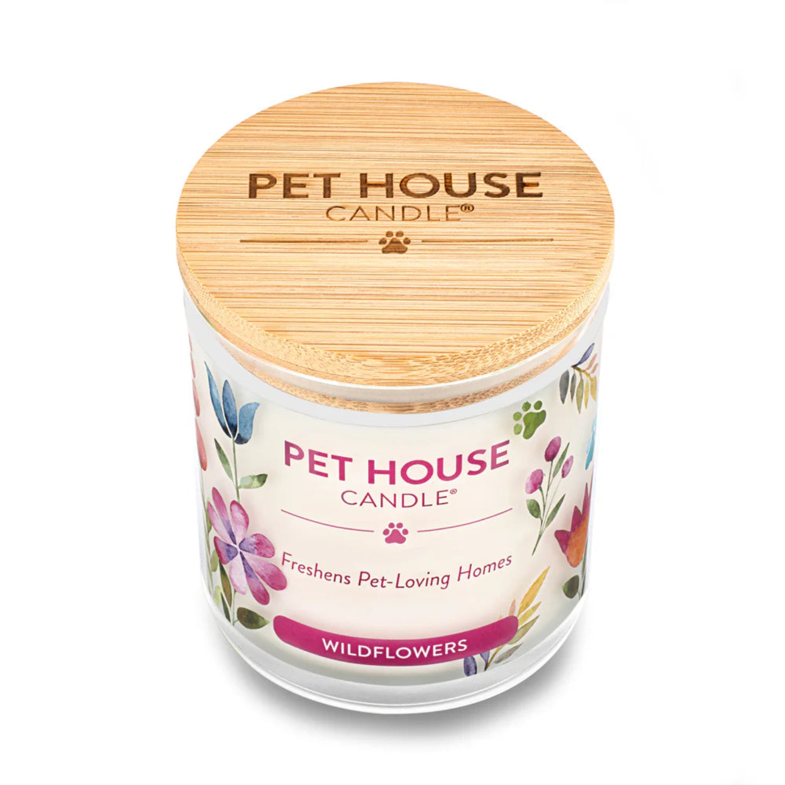 Pet House Candle with floral design and wooden lid on a white background