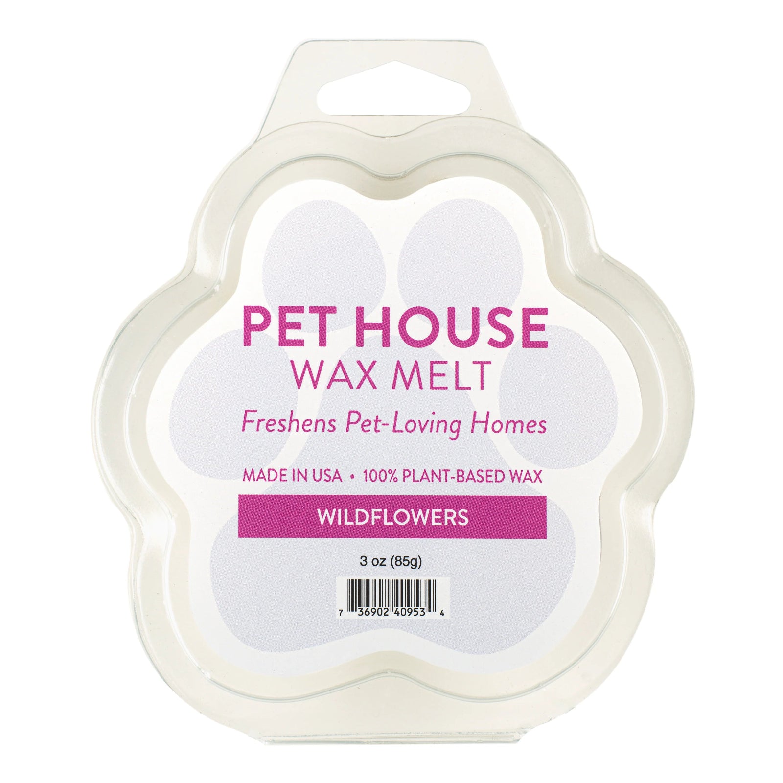 Pet House Wax Melt packaging with 'Wildflowers' flavor on a white background