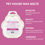 Pet House Wax Melts packaging with product details on a pink background
