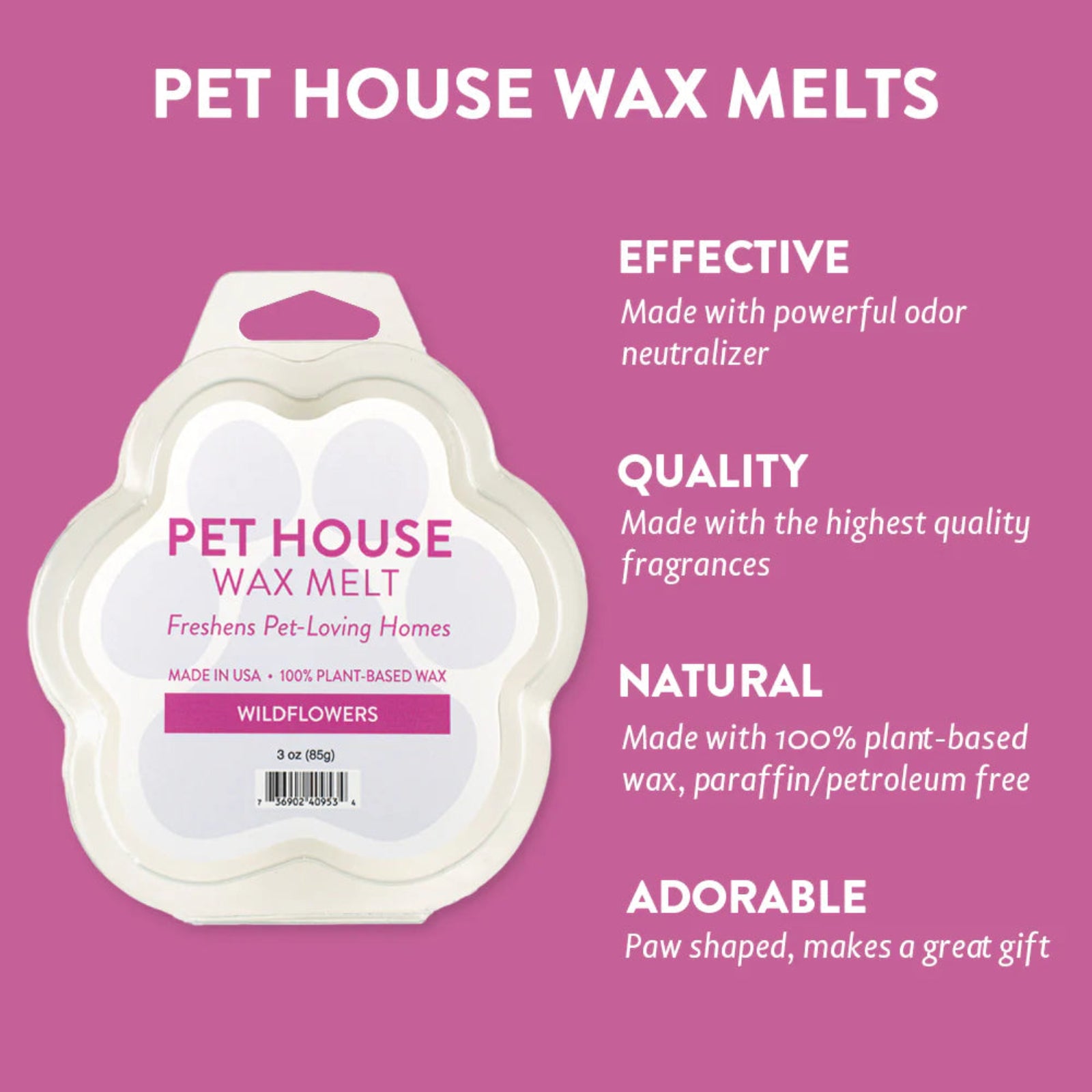 Pet House Wax Melts packaging with product details on a pink background