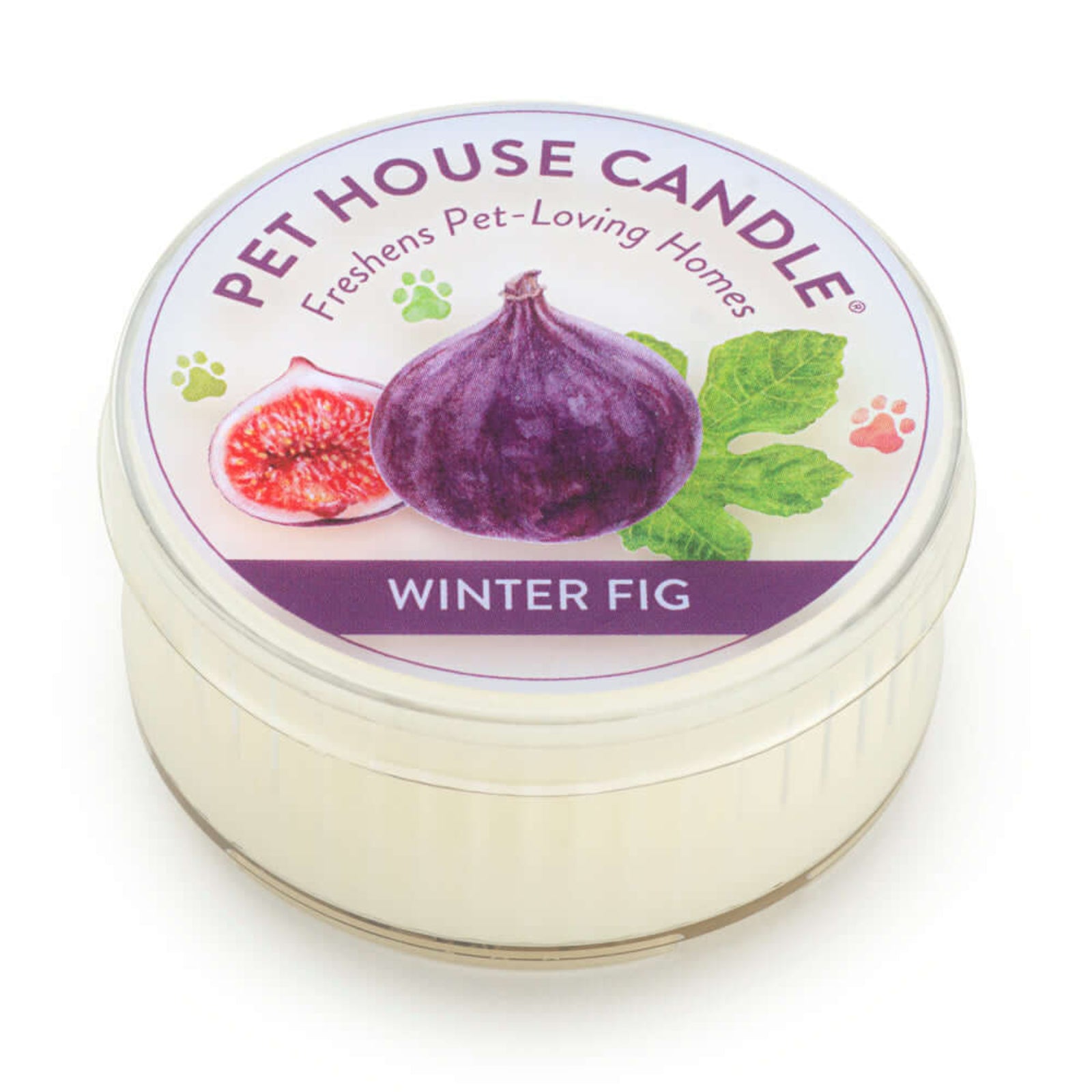 Pet House Candle labeled 'Winter Fig' on a white background