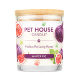 Pet House Candle labeled 'Winter Fig' with a wooden lid on a white background