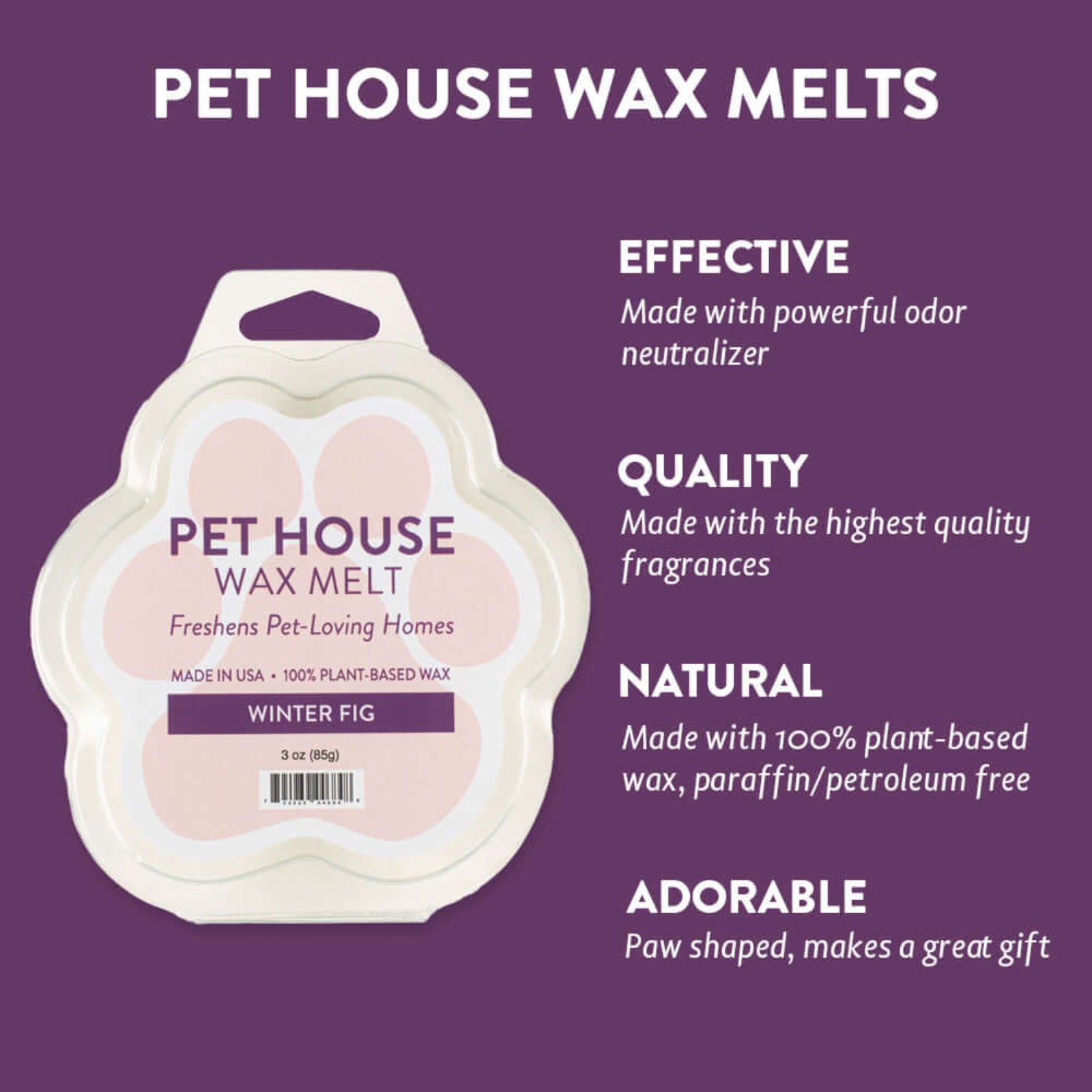 Pet House Wax Melts packaging with product details on a purple background