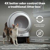 Cat standing next to a self-cleaning litter box with text highlighting odor control benefits.