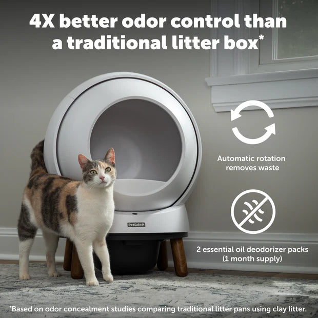 Cat standing next to a self-cleaning litter box with text highlighting odor control benefits.