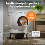 PetSafe litter box with a cat inside, labeled as ideal for cats up to 25 lbs, with dimensions displayed.