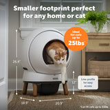 PetSafe litter box with a cat inside, labeled as ideal for cats up to 25 lbs, with dimensions displayed.