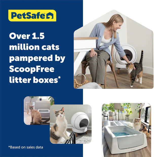 Advertisement for Petsafe ScoopFree litter boxes with images of a woman and cats interacting with the product.