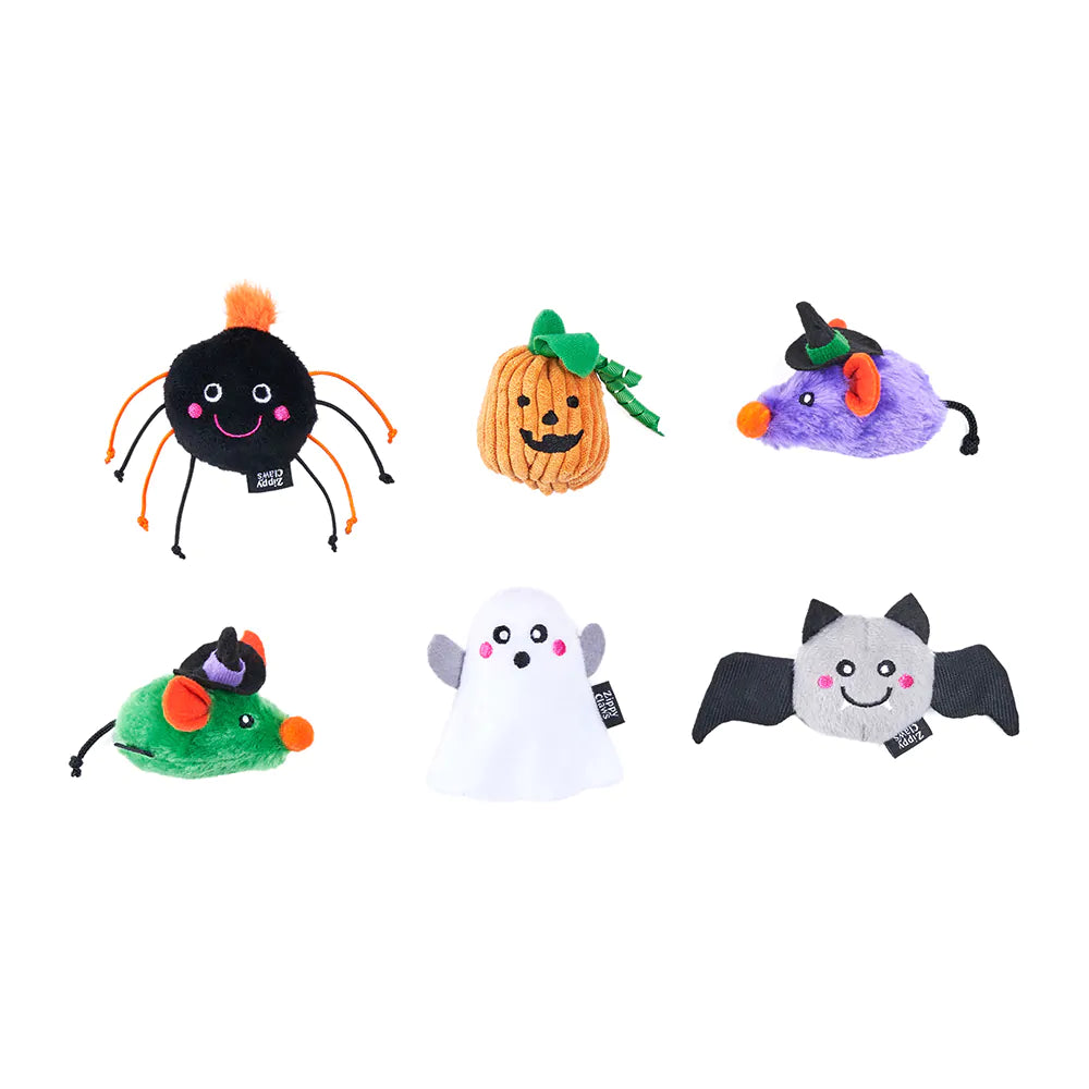 Set of Halloween-themed plush toys including a spider, pumpkin, mouse, ghost, and bat on a white background.