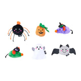 Set of Halloween-themed plush toys including a spider, pumpkin, mouse, ghost, and bat on a white background.