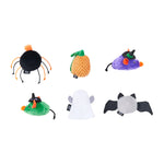 Set of Halloween-themed plush toys including a spider, pumpkin, mouse, ghost, and bat on a white background.