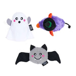 Three Halloween-themed plush toys on a white background