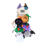 Set of Halloween-themed dog toys on a Zippy Paws packaging with a white background