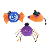 Three Halloween-themed plush toys on a white background