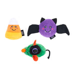 Three Halloween-themed plush toys on a white background